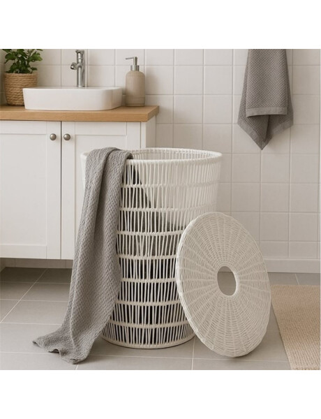 CESTO C/TAPA D42X56CM PLASTICO SIMIL RATAN BCO CESTO C/TAPA D42X56CM PLASTICO SIMIL RATAN BCO