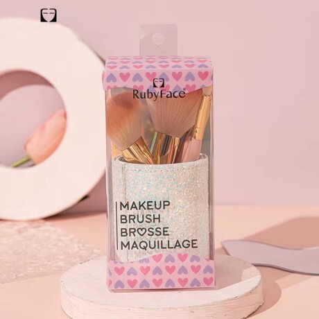 Set de 5 Brochas Maquillaje con Recipiente Porta Pinceles Tornasolado