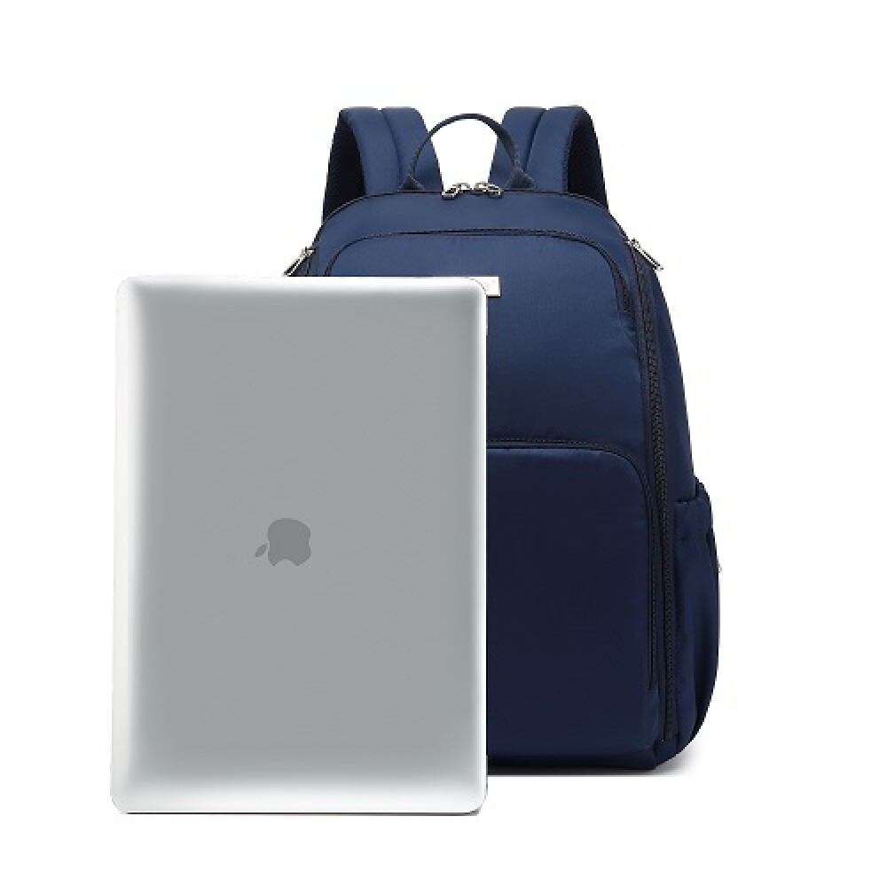 mochila de mujer heine azul abierta con notebook
