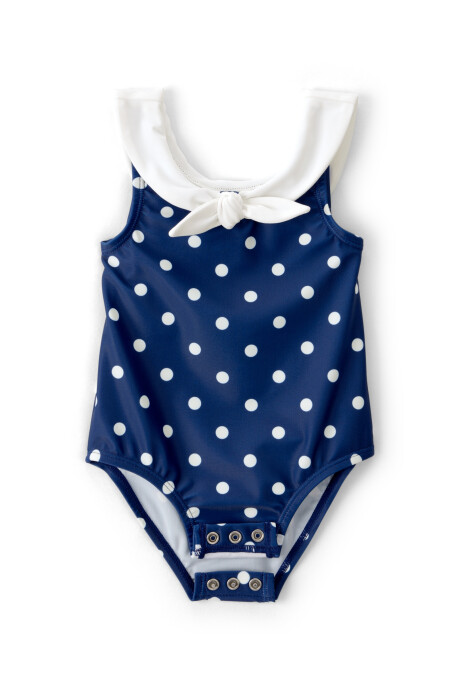 Malla de baño 1 pieza con protección UPF 50+, azul marino, diseño lunares. Talles 3-24M Sin color