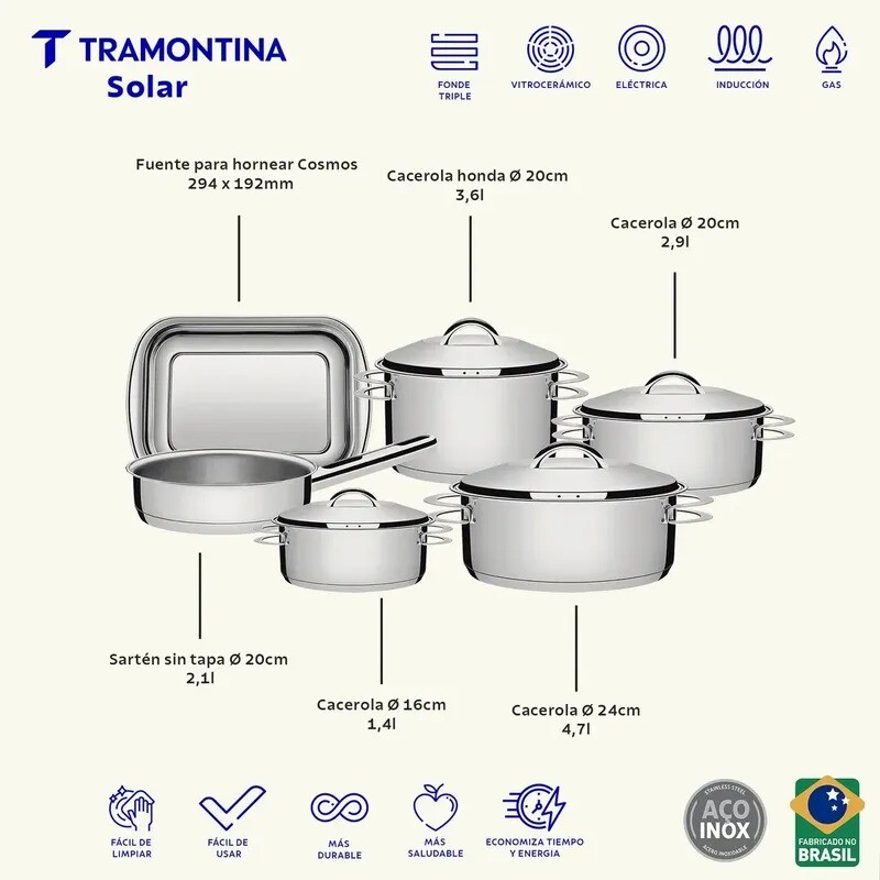 Batería De Cocina Solar 6 piezas Acero Inoxidable - 65500/000 - Tramontina Batería De Cocina Solar 6 piezas Acero Inoxidable - 65500/000 - Tramontina