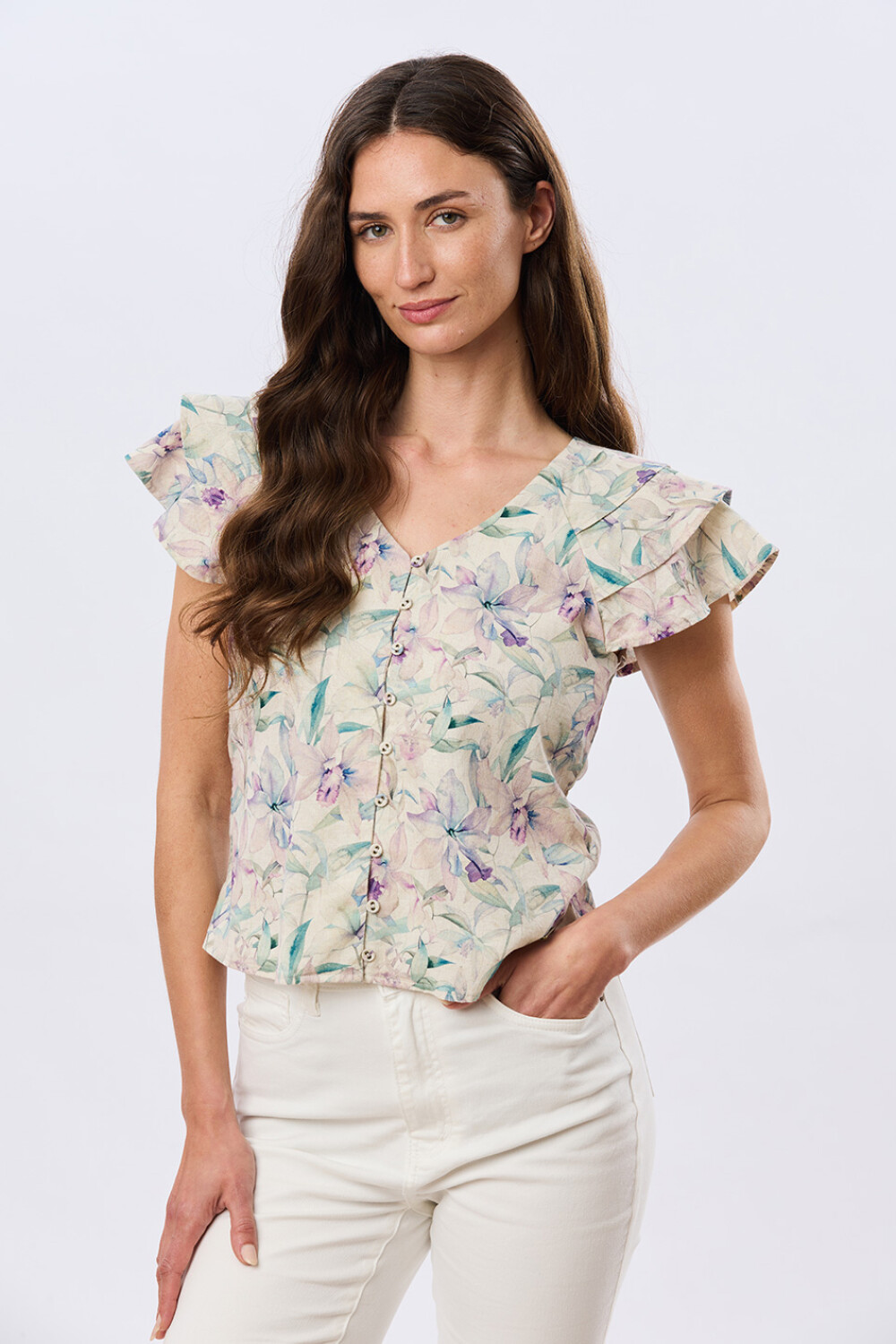 CAMISA DE LINO ESTAMPADA Lila