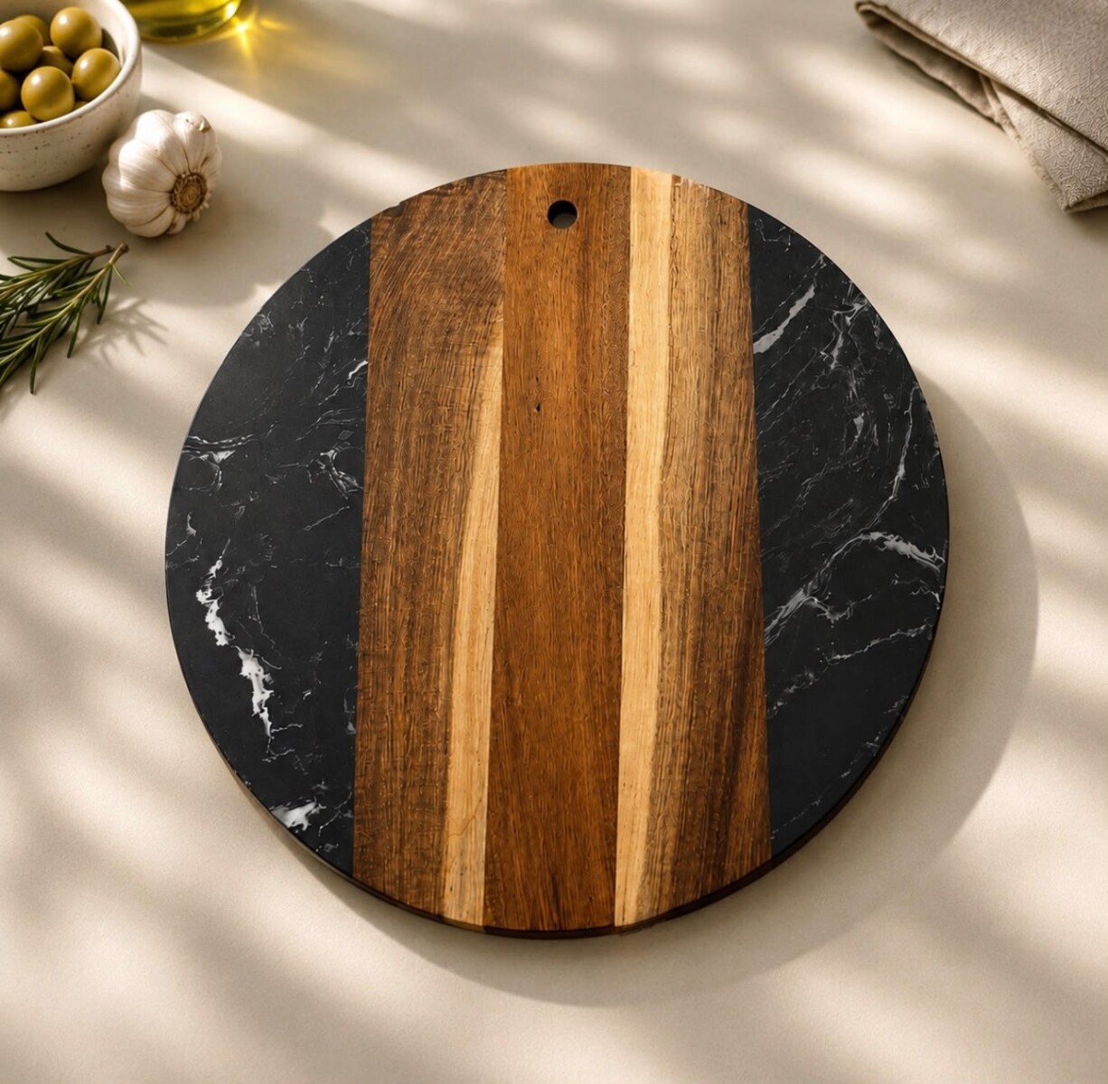 Tabla Redonda de Acacia con Acabado Mármol Negro / Ø25cm x 2cm 