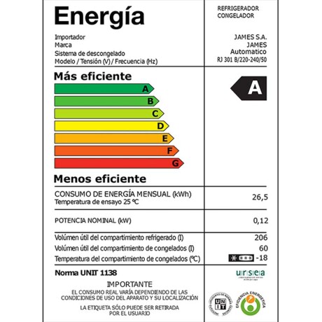 Heladera JAMES RJ301 266 Litros Blanco