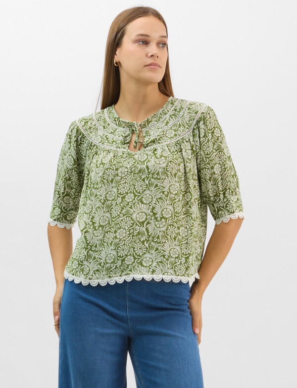 Blusa Con Detalle De Encaje Y Lazos VERDE/MULTI