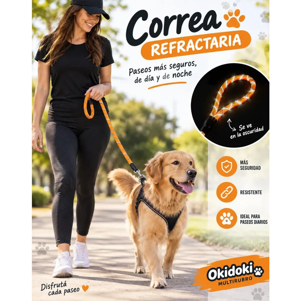 Correa Para Perro Largo Total 1.3 mts Refractaria NARANJA