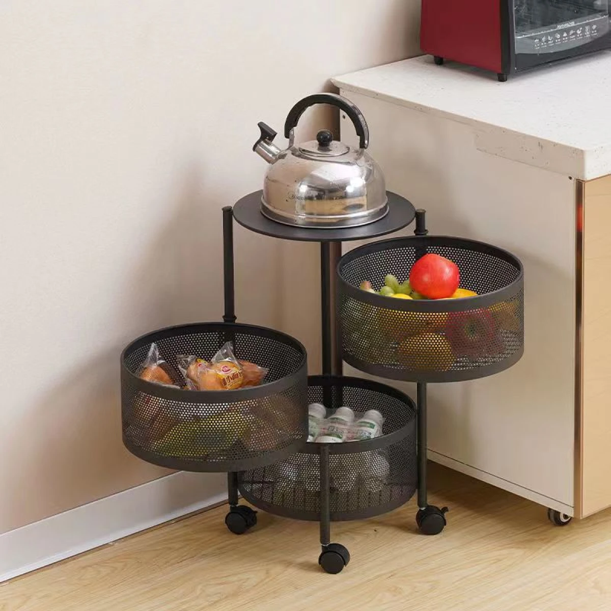 Carrito Organizador Metálico 3 Estantes Con Ruedas 360° Alto 60Cm x Ø 34Cm 