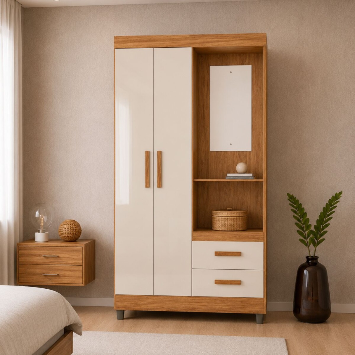 ROPERO - 2 PUERTAS 2 CAJONES CON ESPEJO - BLANCO OFF WHITE 