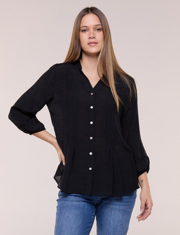 Blusa Con Alforzas En Delantero Y Botones NEGRO