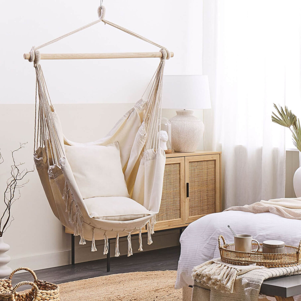Sillón Colgante Hamaca Paraguaya de Jardín con Almohadones Color Beige HSC001 