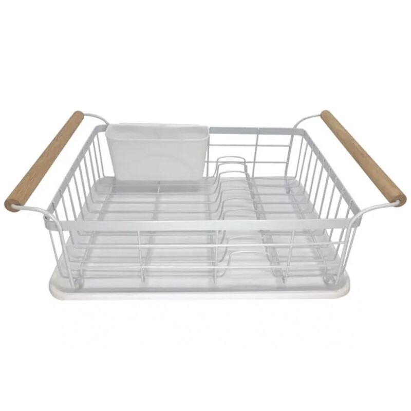 Escurridor de Platos en Metal con Asas de Madera Blanco
