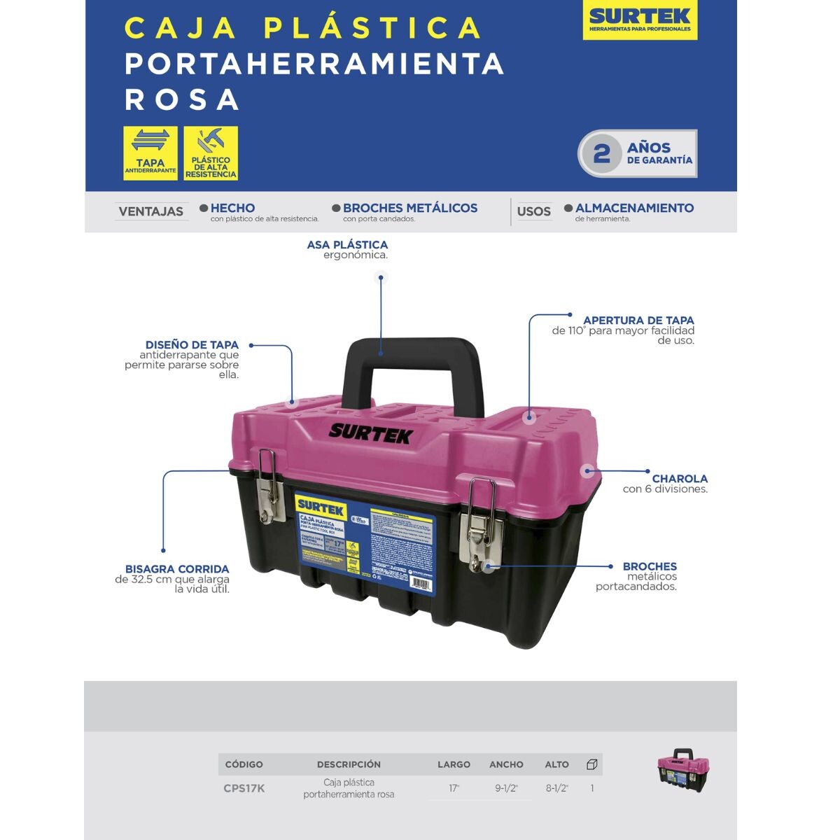 CAJA HERRAMIENTA MET 17X9" SURTEK ROSADA Caja Herramienta Met 17x9" Surtek Rosada
