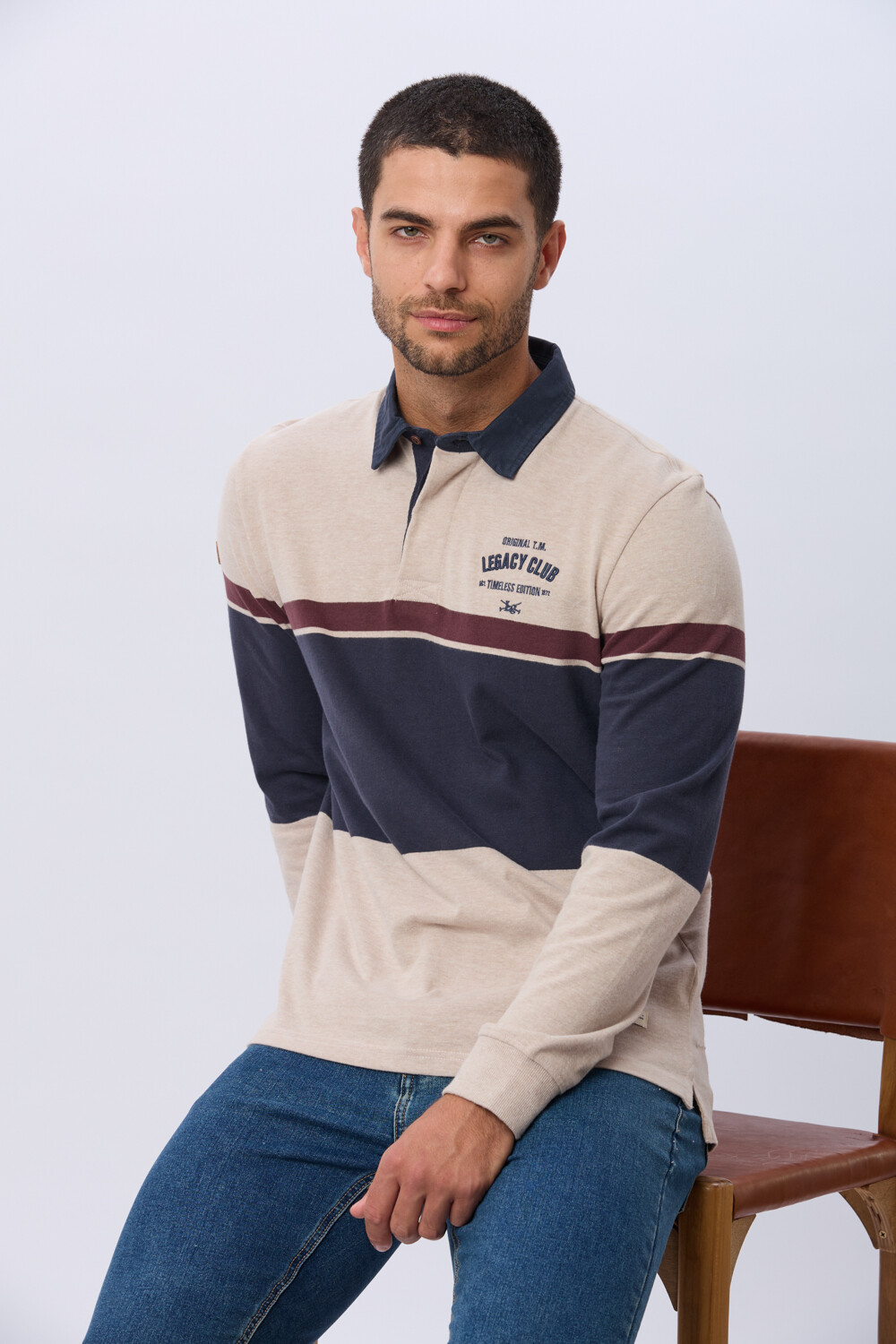 REMERA POLO RAYADA DE ALGODON Beige