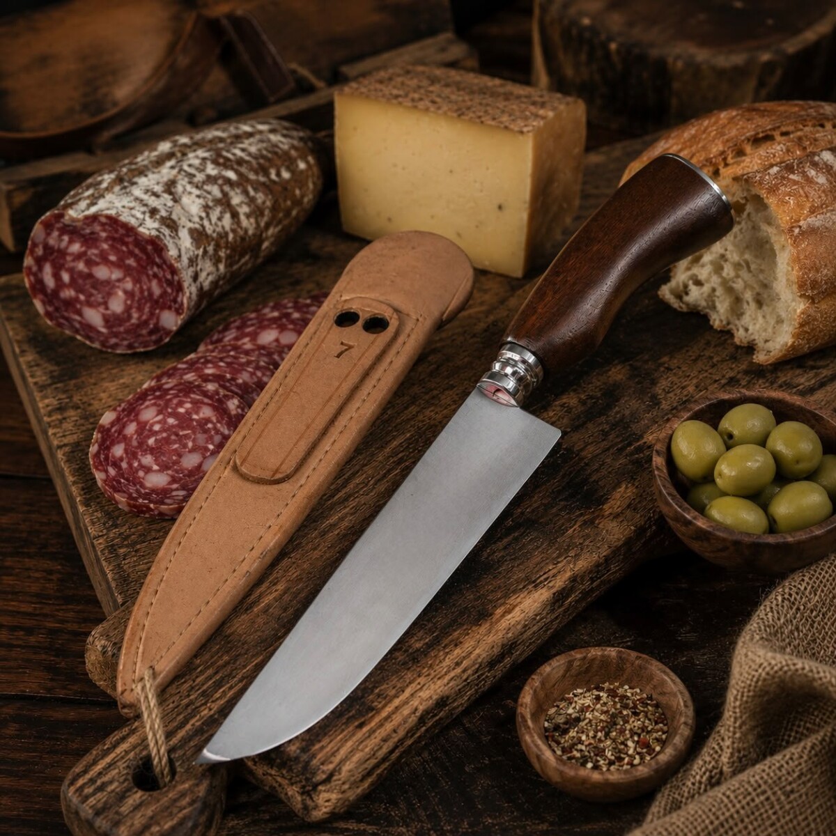 Cuchillo Artesanal Acero de Carbono Mango Madera Vaina de Cuero N°7 