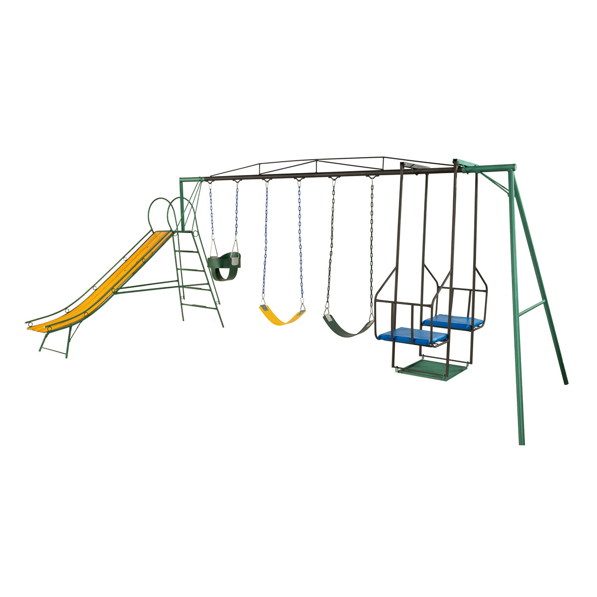 Juego Combinado Infantil con tobogán N°3. Silla doble, 2 hamacas de cincha y 1 hamaca de bebé. 