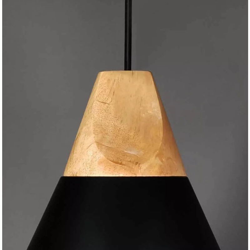 Lampara Colgante De Techo Campana Nordica Metal Madera Negro
