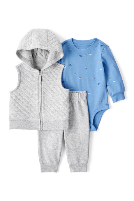 Set tres piezas de algodón, chaleco capitoneado, pantalón y body, diseño helicópteros Set tres piezas de algodón, chaleco capitoneado, pantalón y body, diseño helicópteros