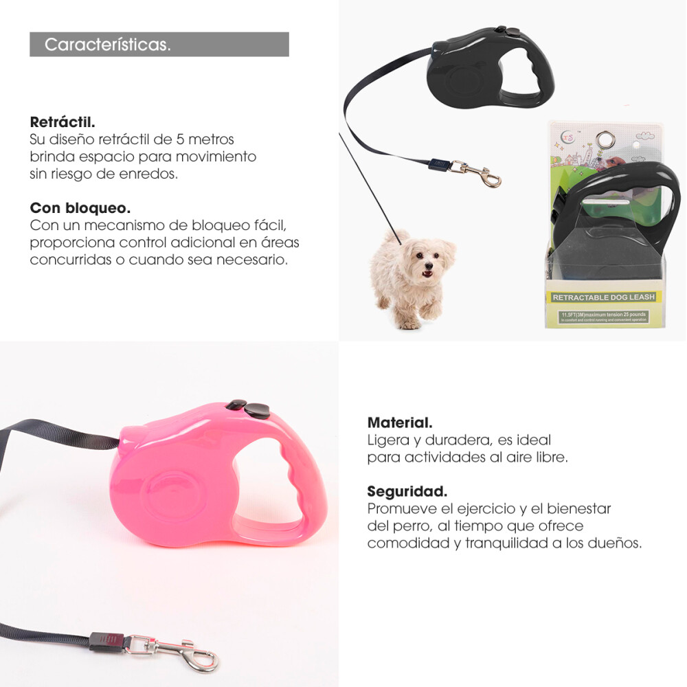 Correa Extensible Perro Automática 5 Metros Hasta 15kg Color rosa