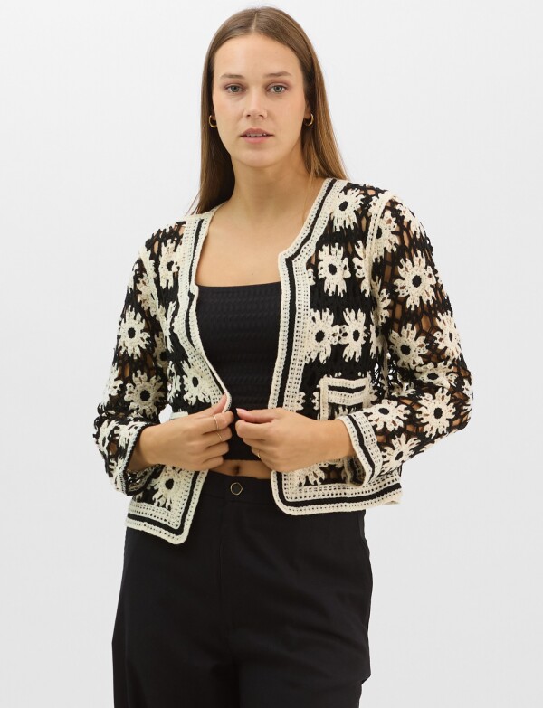 Cardigan Calado Con Bolsillos NEGRO/BEIGE