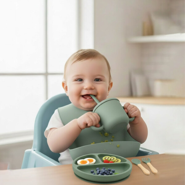 Set Alimentación Bebé Platos Silicona Libre Bpa 10 Piezas Color Verde