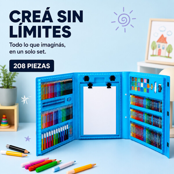 Set Kit Arte Dibujo Y Pinturas 208 Piezas Valija Infantil Variante Color Azul