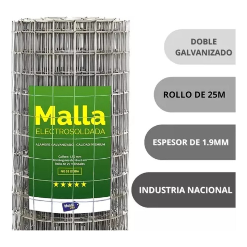 Tejido Malla Electrosoldada Galvanizada 1.99mm 1.0 X 20 Mts Gris