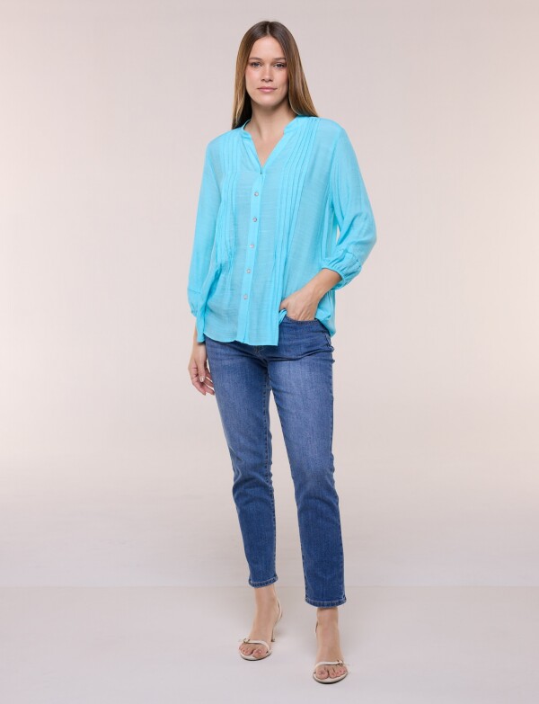 Blusa Con Alforzas En Delantero Y Botones CELESTE