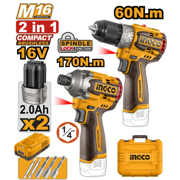 KIT A BATERIA M16 16V TALADRO ATORNILLADOR 60NM + ATORNILLADOR DE IMPACTO 170NM KIT A BATERIA M16 16V TALADRO ATORNILLADOR 60NM + ATORNILLADOR DE IMPACTO 170NM