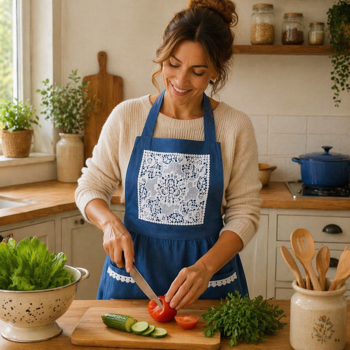 Delantal de Cocina en Algodón con Detalles en Puntilla - Azul 