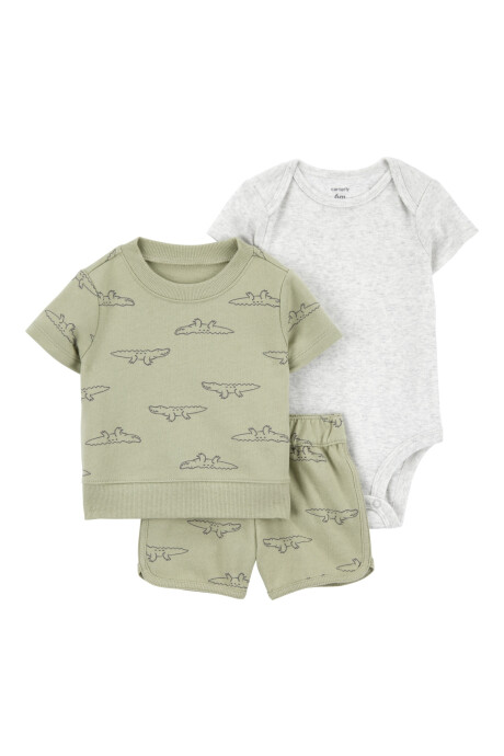 Set tres piezas de algodón, short, remera y body, diseño caimanes Sin color