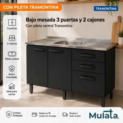Bajo Mesada 3 Puertas y 2 Cajones con Pileta Central Tramontina Acero Inox - Negro Bajo Mesada 3 Puertas y 2 Cajones con Pileta Central Tramontina Acero Inox - Negro