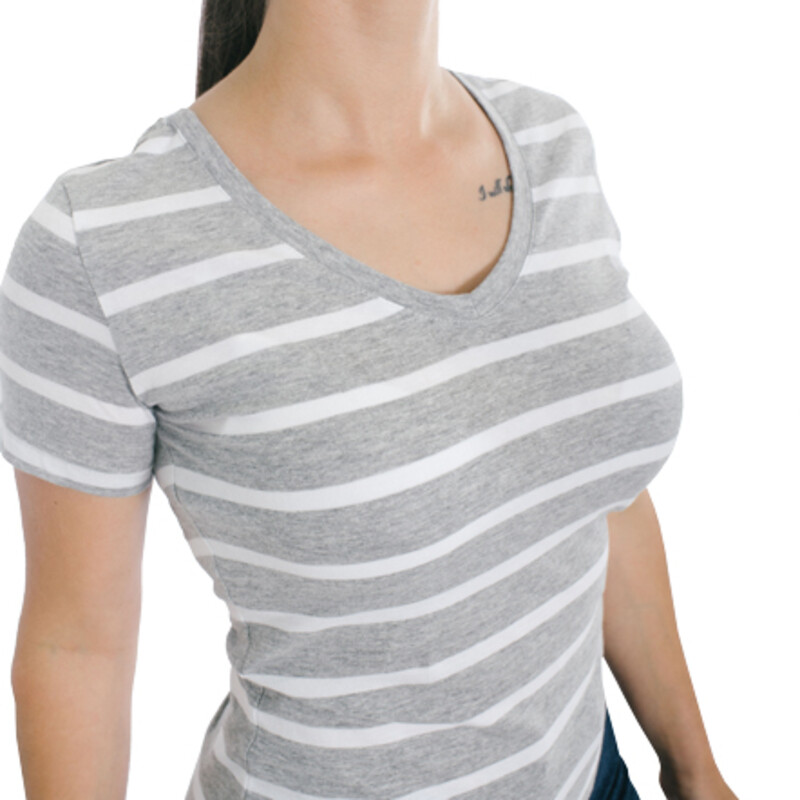 Muvem Ladies V Neck With Stripes T-Shirt Gris-blanco