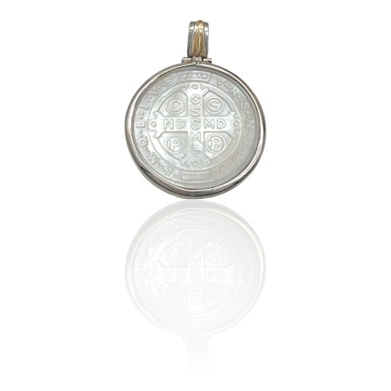 Dije Medalla San Benito-Plata 925 y Oro-Con piedra Nacar-CP5213 conpiedra