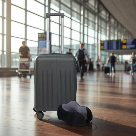 Set Valija CarryOn Rigida + Almohadón Cervical Memoria Negro Gris Oscuro