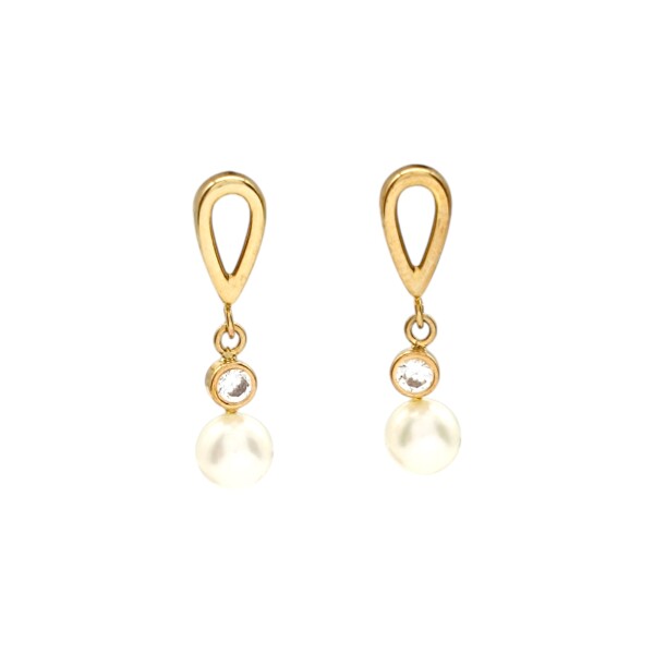 Caravanas Gotas Perlas y Solitario - Oro bajo - Perla de río- CA8220 conperla