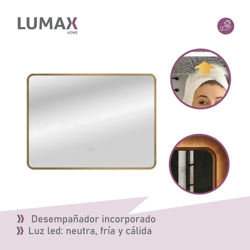 Espejo Horizontal Lumax 120x70 Cm Para Baño Marco Desempañador Con Luz LED Dorado