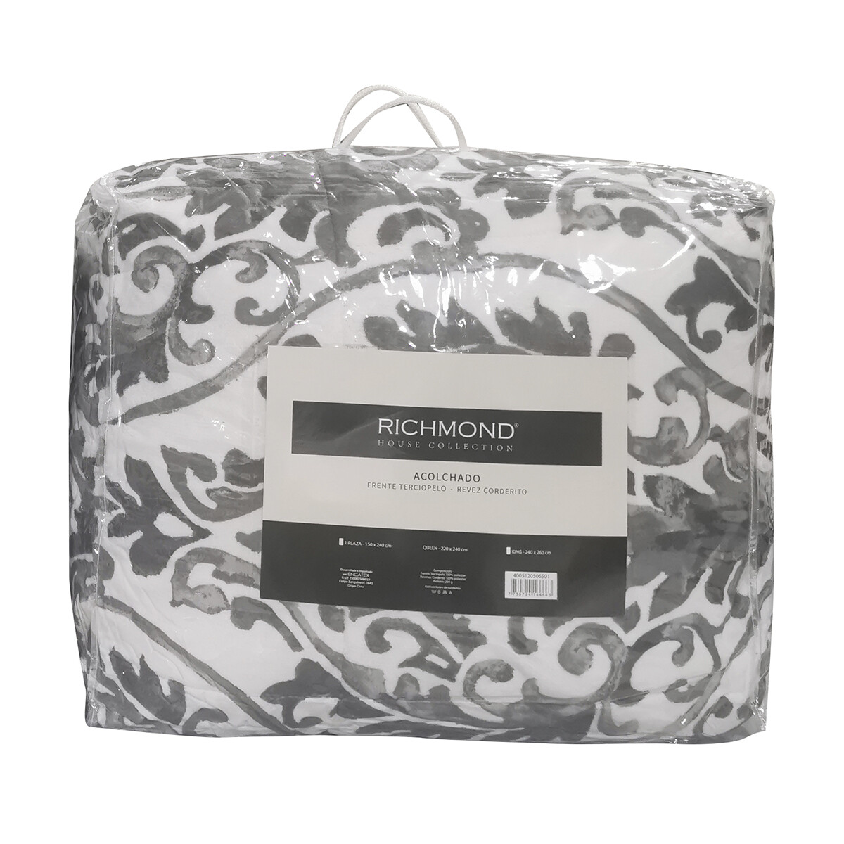 Acolchado Queen Size Terciopelo con Corderito Richmond 220 x 240 cm - GRIS 