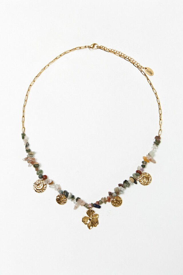 Collar de acero con piedras naturales y dijes dorado