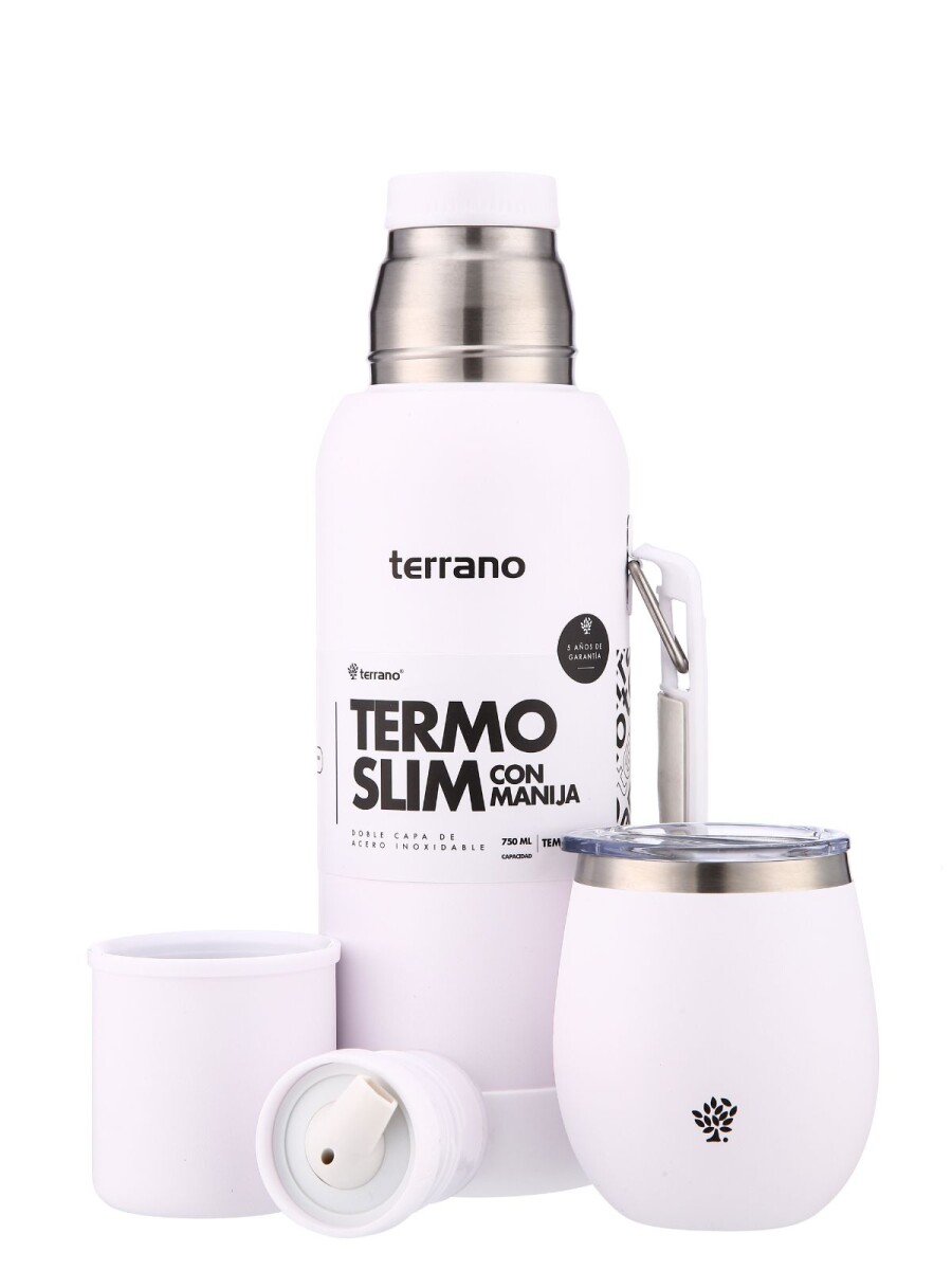 Kit Termo 750mL. Slim con Manija + Mate de Acero con Tapa - Blanco 