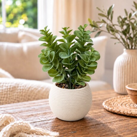 Planta Artificial de Hojas Verdes con Maceta Blanca Texturizada Altura 25cm Planta Artificial de Hojas Verdes con Maceta Blanca Texturizada Altura 25cm