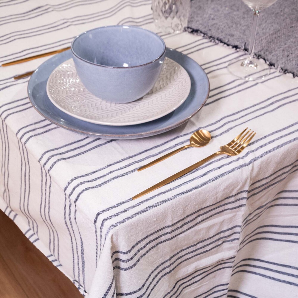MANTEL RAYAS 121 A 160 CM ALGODON BLANCO NICOLETTE BCO/AZUL