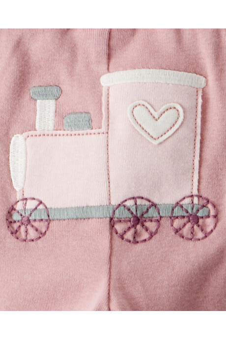 Set tres piezas de algodón, pantalón y dos bodies, rosados, diseño trenes Sin color