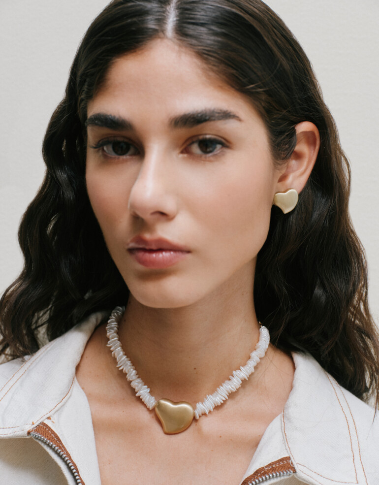 Collares Cortos Canutillos Collar Corto Corazón Con Beads - Dorado