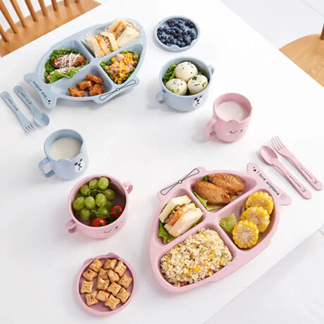 Set Comida Bebé Plato c/ Divisiones Tenedor Cuchara Plástico Rosa