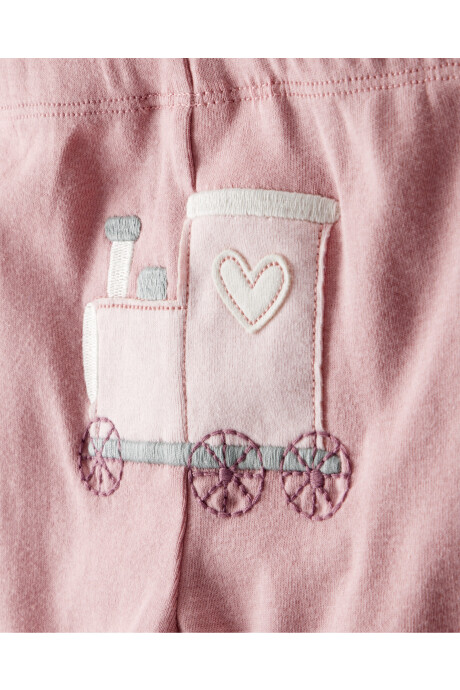 Set tres piezas de algodón, pantalón y dos bodies, rosados, diseño trenes Sin color