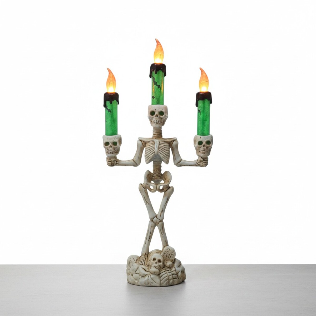 Candelabro Esqueleto 3 velas con luz led Decoración Halloween - Verde con base blanca 