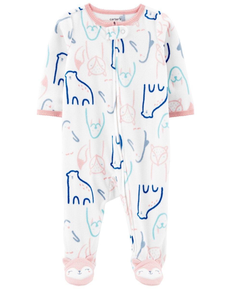 Pijama una pieza de micropolar, con pie, diseño animales. Talles 0-9M 