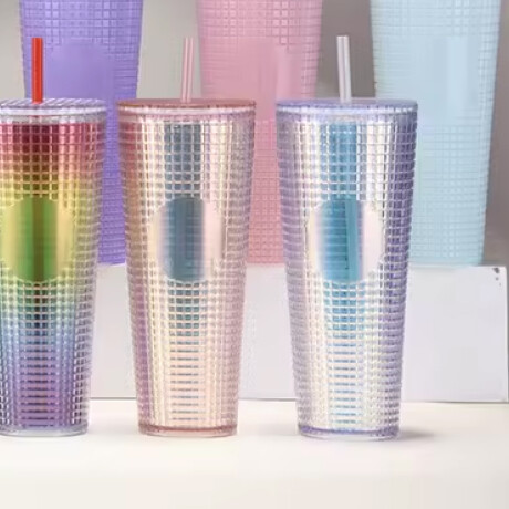 Vaso plástico diseño tornasol con tapa y sorbete – 720ml Blanco