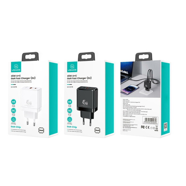 Cargador Para Viaje Gan Cc178 Usb C 45w CARGADOR GAN 45W USBC USBA CC178 USAMS