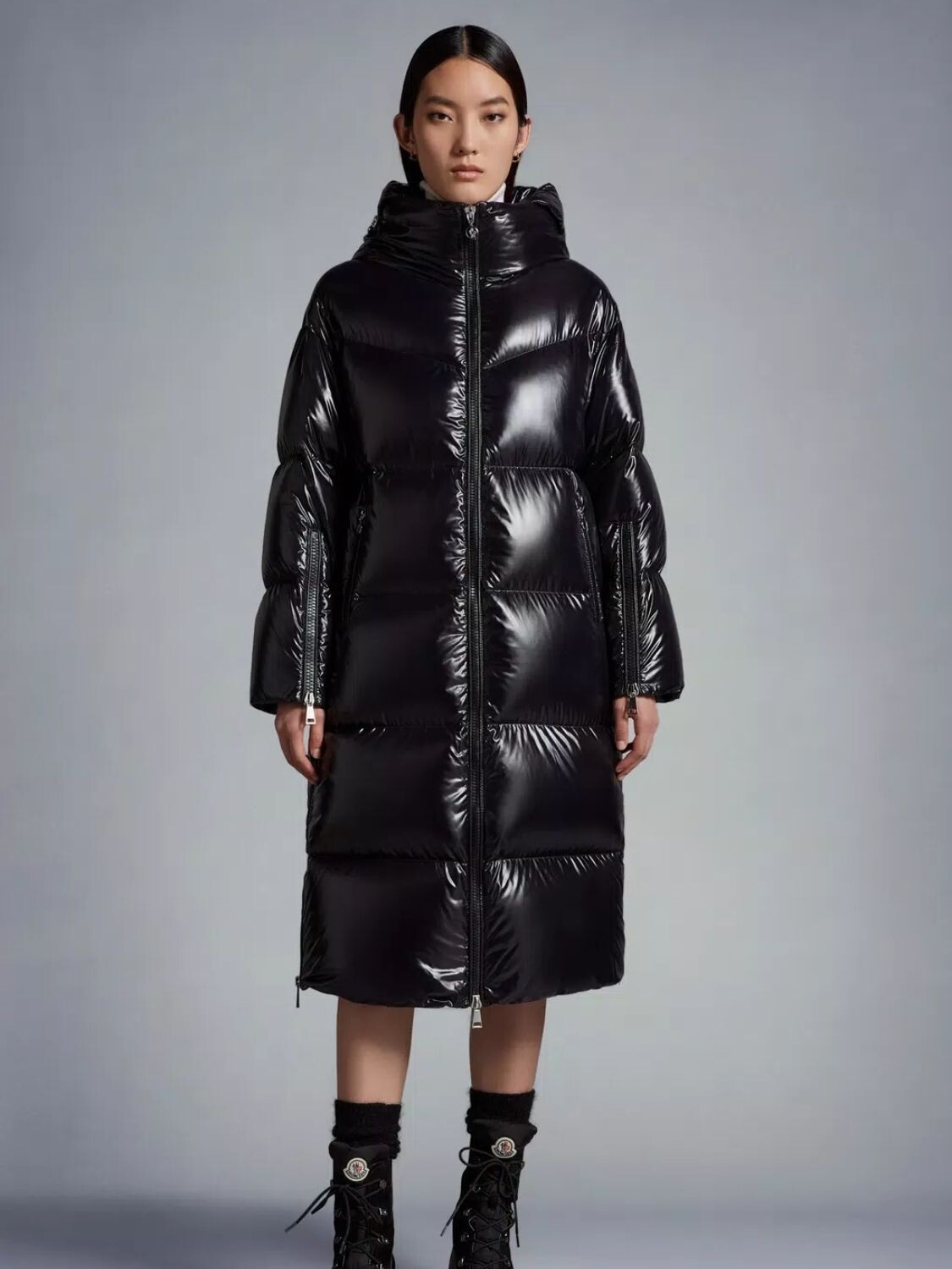 Moncler -Campera larga con capucha integrada, HUPPELONG Negro